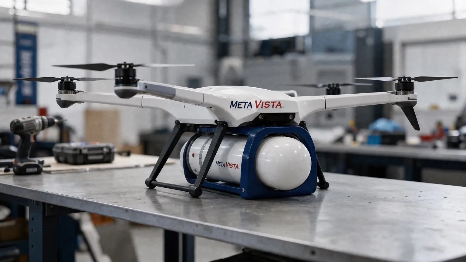 White MetaVista multirotor aircraft carrying a liquid-hydrogen tank on a workshop bench